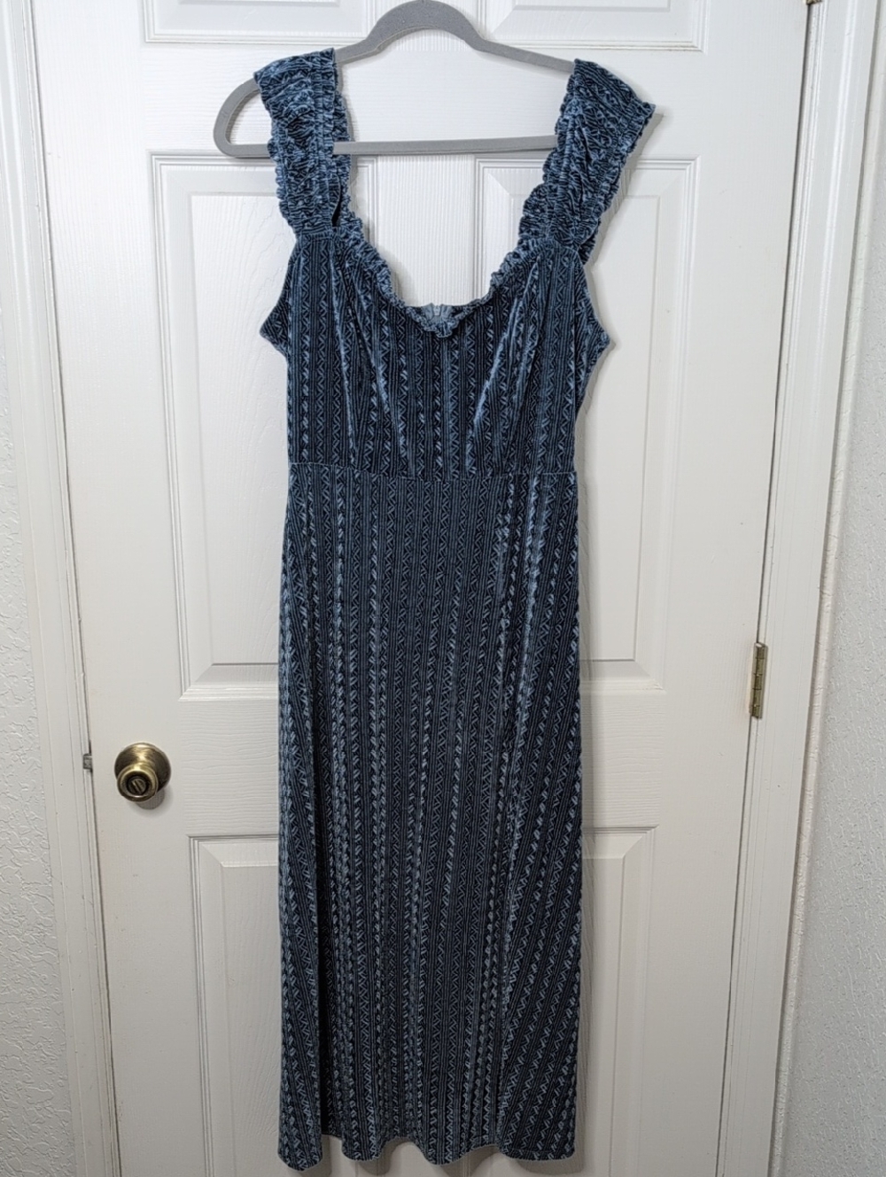 NWT Cider Blue Velvet Geometric Maxi Dress With Side Split